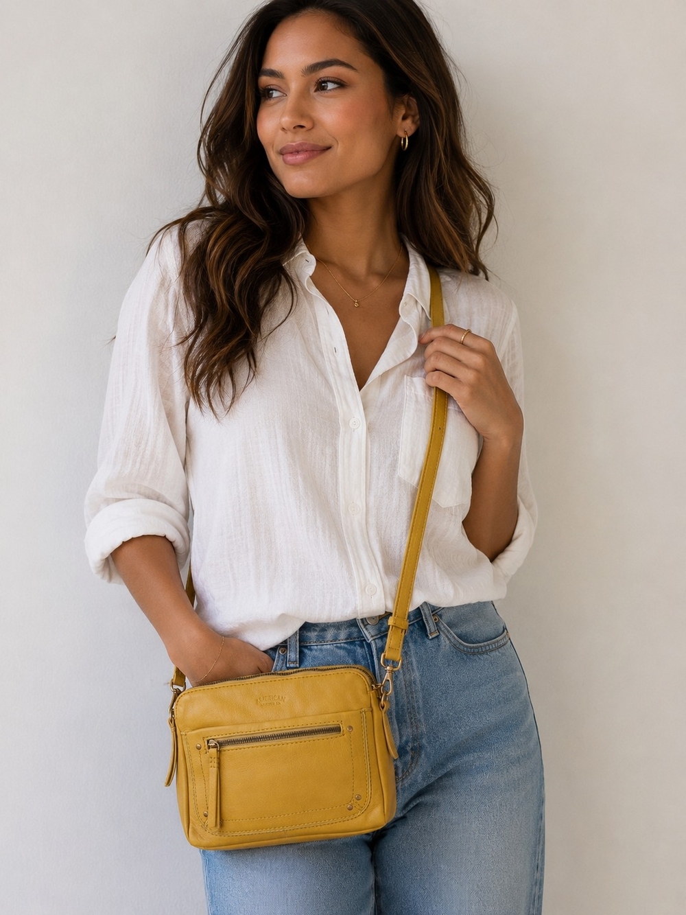 Mustard Yellow Leather Crossbody Bag with Front Zip Pocket